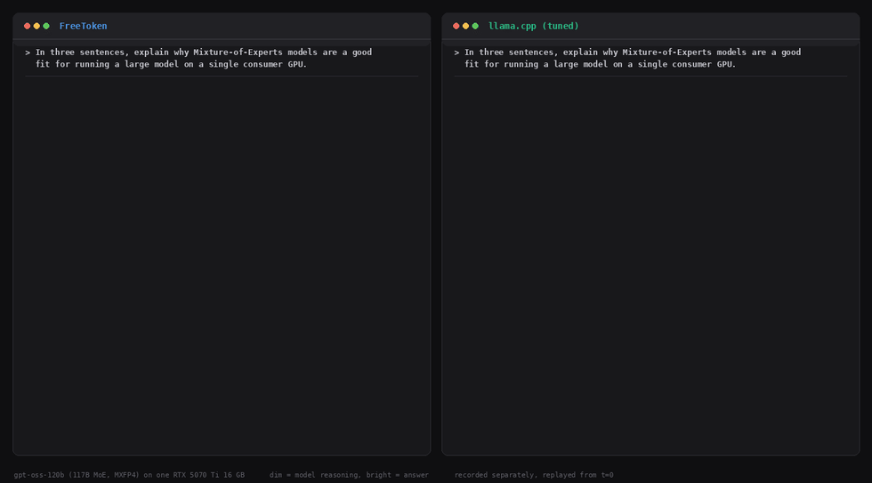 FreeToken and llama.cpp generating side by side